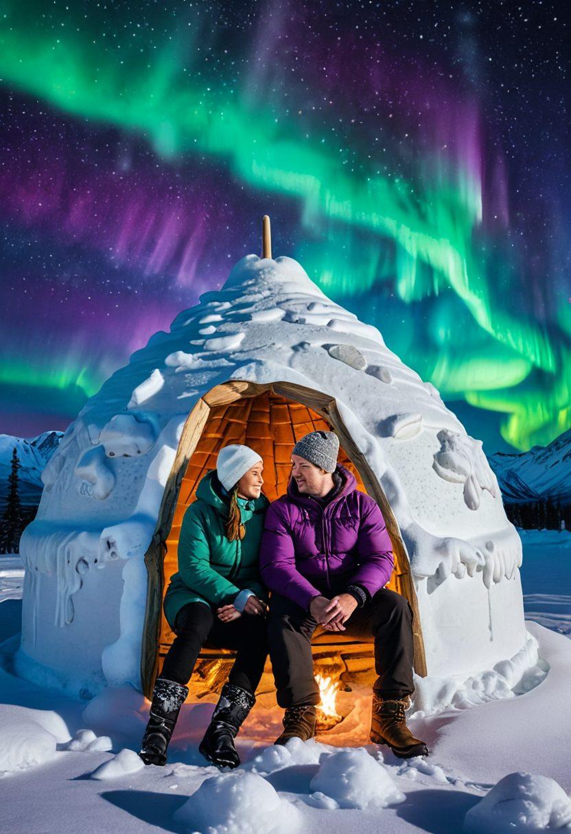 A serene snowy landscape depicting two figures, a man and a woman, comfortably wrapped in traditional Eskimo clothing, sharing a moment of connection by an igloo. Above them, the Northern Lights dance in vibrant colors, symbolizing harmony in relationships. Intricate Eskimo motifs blend into the background, reflecting their rich culture. Captured in a warm, inviting atmosphere. super-realistic. vibrant colors. 3D.