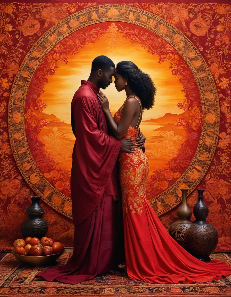 A visually striking collage showcasing a blend of cultural symbols and sensual imagery, featuring silhouettes of diverse couples in a passionate embrace surrounded by traditional artifacts from various cultures. Soft flowing fabric and intricate patterns enhancing the sensuality of the scene, with warm hues of red, gold, and deep purples weaving together a rich tapestry. The background should incorporate abstract art elements that evoke intimacy and cultural richness. super-realistic. vibrant colors.