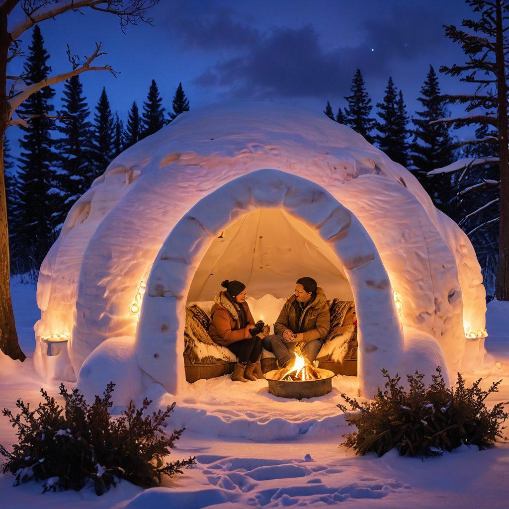 An intimate scene showcasing a cozy igloo with soft, warm lighting, featuring a couple wrapped in furs, sharing a moment of connection. Snowflakes gently fall outside, hinting at the Arctic landscape, while traditional Eskimo artifacts adorn the interior. Captivating warmth and tenderness radiate from their expressions, inviting viewers into their world of sensuality and culture. super-realistic. warm colors. serene atmosphere.